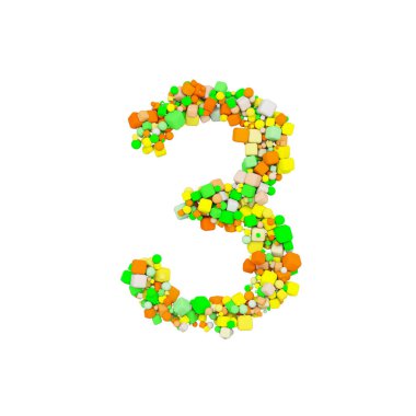 Alfabe sayısı 3. Turuncu, yeşil ve sarı şekil küpün hacmi komik yazı tipi. Beyaz arka plan üzerinde izole 3d render.