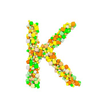 Alfabe harf K büyük harf. Turuncu, yeşil ve sarı şekil küpün hacmi komik yazı tipi. Beyaz arka plan üzerinde izole 3d render.