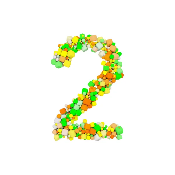 Alfabet nummer 2. Grappige lettertype gemaakt van Oranje, groene en gele vorm kubus. 3D render geïsoleerd op witte achtergrond. — Stockfoto