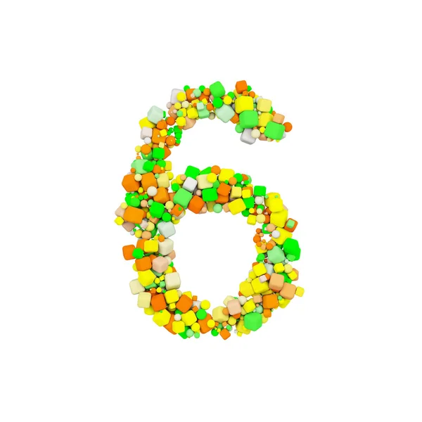 6 numaralı alfabe. Turuncu, yeşil ve sarı şekil küpün hacmi komik yazı tipi. Beyaz arka plan üzerinde izole 3d render. — Stok fotoğraf