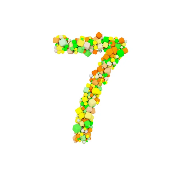 Alfabe sayısı 7. Turuncu, yeşil ve sarı şekil küpün hacmi komik yazı tipi. Beyaz arka plan üzerinde izole 3d render. — Stok fotoğraf