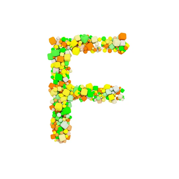 字母 F 大写。由橙色、绿色和黄色形状立方体组成的滑稽字体。3d 渲染在白色背景下被隔离. — 图库照片