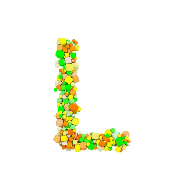 Alfabet letter L hoofdletters. Grappige lettertype gemaakt van Oranje, groene en gele vorm kubus. 3D render geïsoleerd op witte achtergrond. — Stockfoto