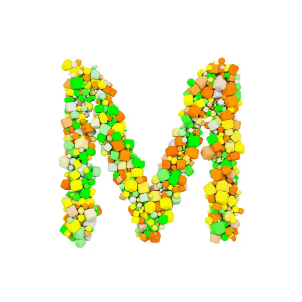 Alphabet letter M uppercase. Funny font made of orange, green and yellow shape cube. 3D render isolated on white background. — Stock Photo, Image