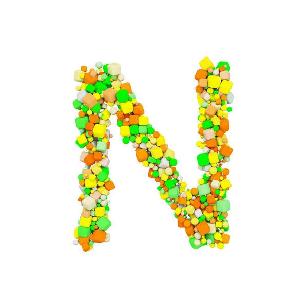 Letra del alfabeto N mayúscula. Funny fuente hecha de naranja, verde y amarillo forma cubo. Representación 3D aislada sobre fondo blanco . — Foto de Stock