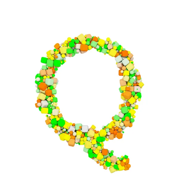 Алфавітна літера Q верхній регістр. Кумедний шрифт з кубика помаранчевої, зеленої та жовтої форми. 3D візуалізація ізольована на білому тлі . — стокове фото