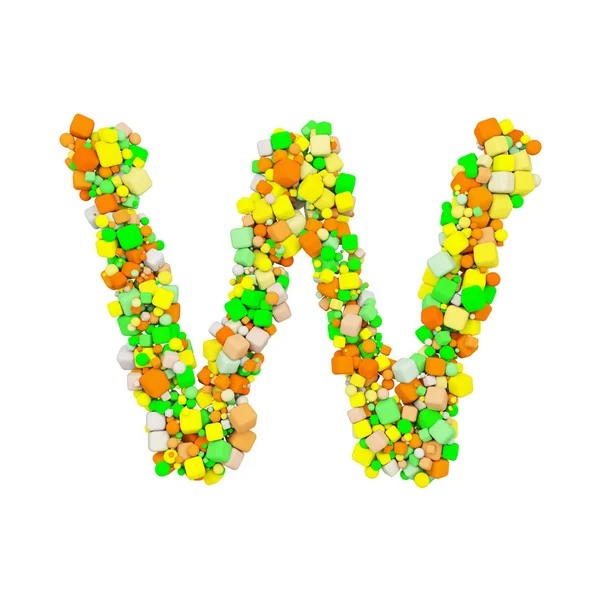 字母 W 大写。由橙色、绿色和黄色形状立方体组成的滑稽字体。3d 渲染在白色背景下被隔离. — 图库照片