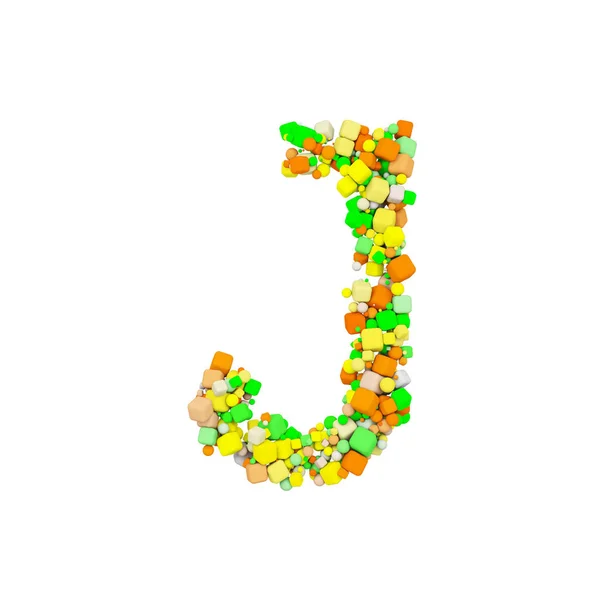 字母 J 大写。由橙色、绿色和黄色形状立方体组成的滑稽字体。3d 渲染在白色背景下被隔离. — 图库照片