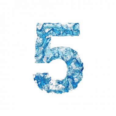 Alfabe sayı 5. Şeffaf mavi su sıvı yazı tipi. Beyaz arka plan üzerinde izole 3d render.