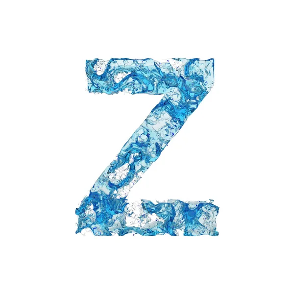 Buchstabe z Großbuchstaben. flüssige Schrift aus blauem transparentem Wasser. 3D-Darstellung isoliert auf weißem Hintergrund. — Stockfoto