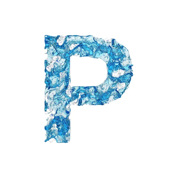 Buchstabe p Großbuchstaben. flüssige Schrift aus blauem transparentem Wasser. 3D-Darstellung isoliert auf weißem Hintergrund. — Stockfoto