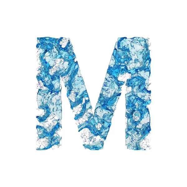 Alphabet letter M uppercase. Liquid font made of blue transparent water. 3D render isolated on white background. — Stock Photo, Image