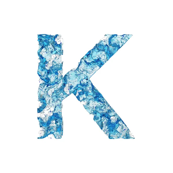 Velké písmeno abecedy K velká písmena. Tekuté písmo z modrá průzračná voda. 3D vykreslování izolovaných na bílém pozadí. — Stock fotografie