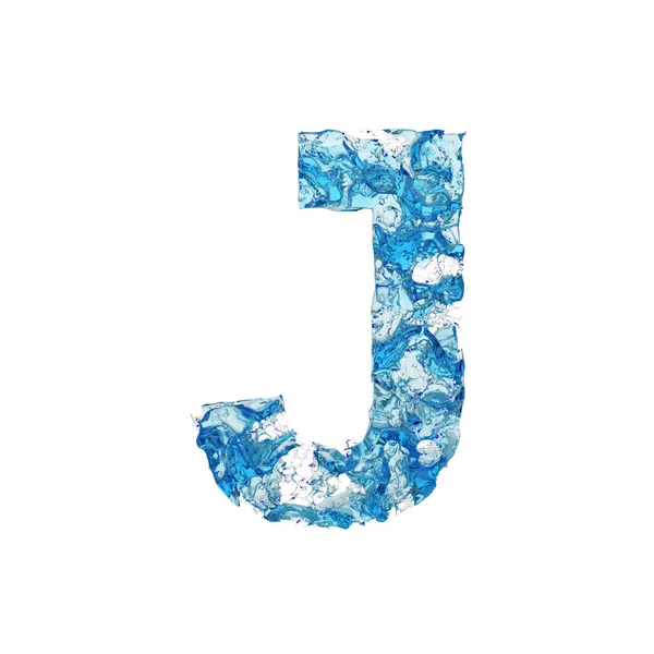 Alfabet letter J hoofdletters. Vloeibare lettertype gemaakt van blauw transparant water. 3D render geïsoleerd op witte achtergrond. — Stockfoto