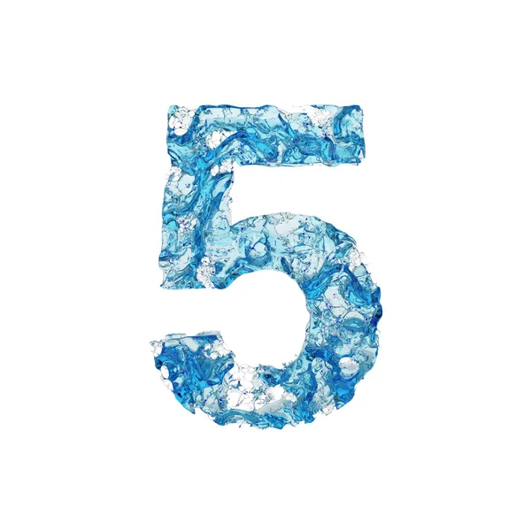 Alfabeto número 5. Fuente líquida hecha de agua azul transparente. Representación 3D aislada sobre fondo blanco . — Foto de Stock