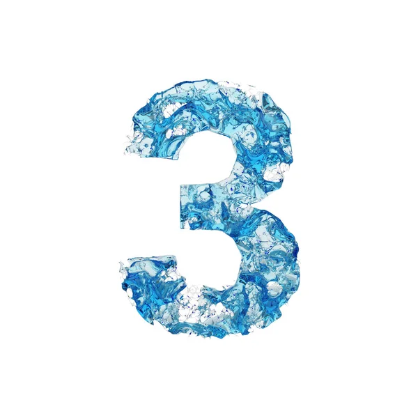 Alfabet nummer 3. Vloeibare lettertype gemaakt van blauw transparant water. 3D render geïsoleerd op witte achtergrond. — Stockfoto