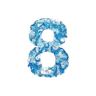 Alfabe sayı 8. Şeffaf mavi su sıvı yazı tipi. Beyaz arka plan üzerinde izole 3d render.