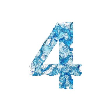 Alfabe sayı 4. Şeffaf mavi su sıvı yazı tipi. Beyaz arka plan üzerinde izole 3d render.