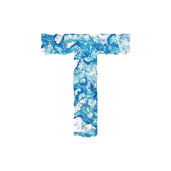 알파벳 T 대문자 편지입니다. 파란 투명 물 액체 글꼴에 의하여 이루어져 있다. 흰색 배경에 고립 된 3 차원 렌더링. — 스톡 사진