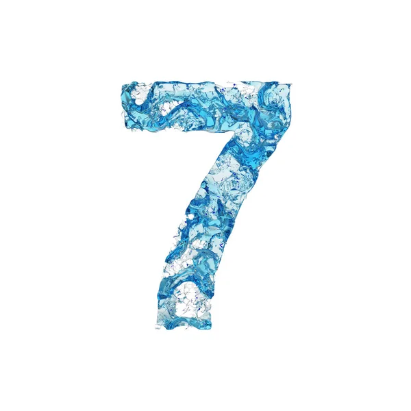 7. flüssige Schrift aus blauem, transparentem Wasser. 3D-Darstellung isoliert auf weißem Hintergrund. — Stockfoto