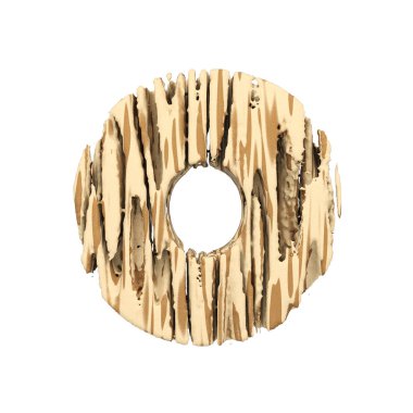 Alfabe harf O büyük. Kahverengi ve sarı kaba çam ahşap yazı tipi. Beyaz arka plan üzerinde izole 3d render.