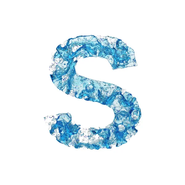 Huruf alfabet S uppercase. Fonta cair yang terbuat dari air transparan biru. 3D render diisolasi di latar belakang putih . — Stok Foto