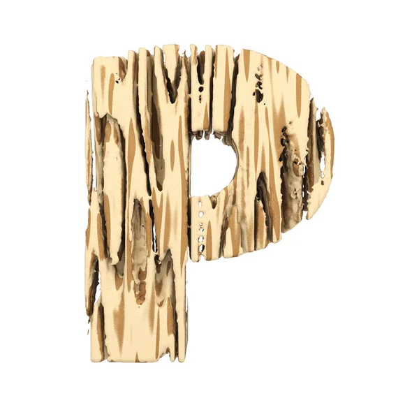 알파벳 편지 P는 대문자입니다. 갈색과 노란색 거친 소나무 나무 글꼴에 의하여 이루어져 있다. 흰색 배경에 고립 된 3 차원 렌더링. — 스톡 사진