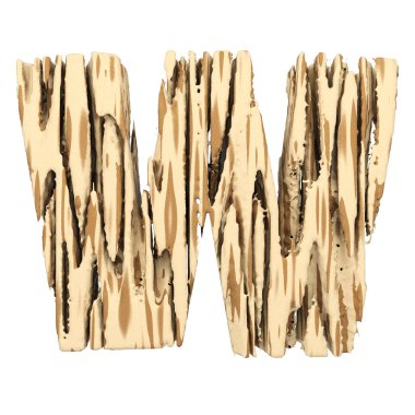 Alfabe harf büyük harf W. Kahverengi ve sarı kaba çam ahşap yazı tipi. Beyaz arka plan üzerinde izole 3d render.