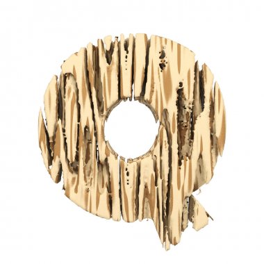 Alfabe harf Q büyük harf. Kahverengi ve sarı kaba çam ahşap yazı tipi. Beyaz arka plan üzerinde izole 3d render.