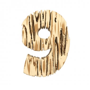 9 numara alfabe. Kahverengi ve sarı kaba çam ahşap yazı tipi. Beyaz arka plan üzerinde izole 3d render.