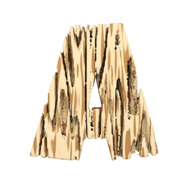 Alfabe harf bir büyük harf. Kahverengi ve sarı kaba çam ahşap yazı tipi. Beyaz arka plan üzerinde izole 3d render.