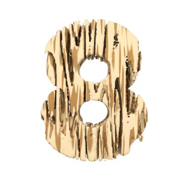 Alfabe sayı 8. Kahverengi ve sarı kaba çam ahşap yazı tipi. Beyaz arka plan üzerinde izole 3d render.