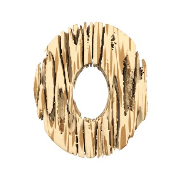 Alfabe numarası 0. Kahverengi ve sarı kaba çam ahşap yazı tipi. Beyaz arka plan üzerinde izole 3d render.