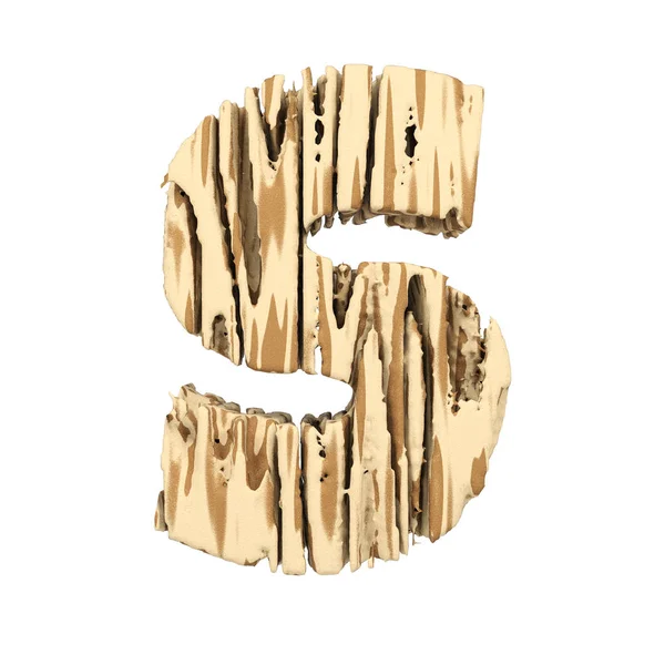 Alphabet bokstaven S versaler. Trä teckensnitt av brunt och gult grov furu. 3D render isolerad på vit bakgrund. — Stockfoto