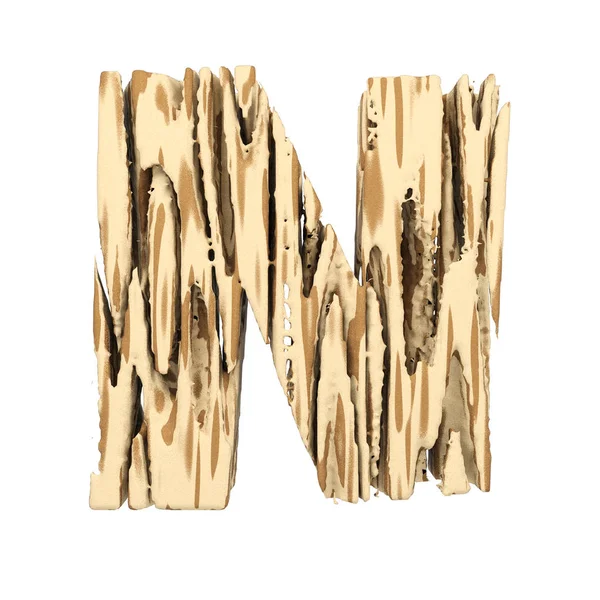 Алфавитная буква N. Деревянный шрифт из коричневой и желтой грубой сосны. 3D рендеринг на белом фоне . — стоковое фото