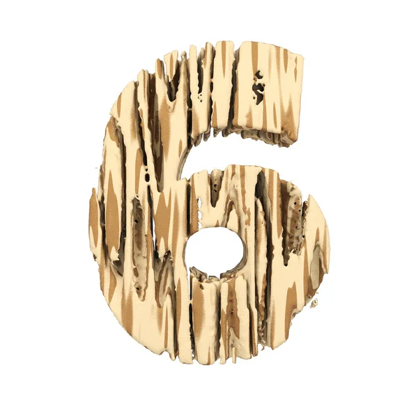 Buchstabenzahl 6. Holzschrift aus braunem und gelbem Zirbenholz. 3D-Darstellung isoliert auf weißem Hintergrund. — Stockfoto