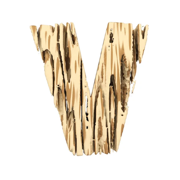 Letra del alfabeto V mayúscula. Fuente de madera hecha de pino áspero marrón y amarillo. Representación 3D aislada sobre fondo blanco . — Foto de Stock