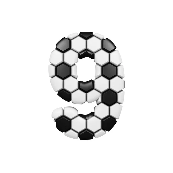 Alfabet nummer 9. Voetbal lettertype gemaakt van voetbal textuur. 3D render geïsoleerd op witte achtergrond. — Stockfoto