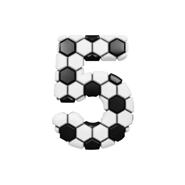 Alfabeto número 5. Soccer fonte feita de textura de futebol. Renderização 3D isolada em fundo branco . — Fotografia de Stock