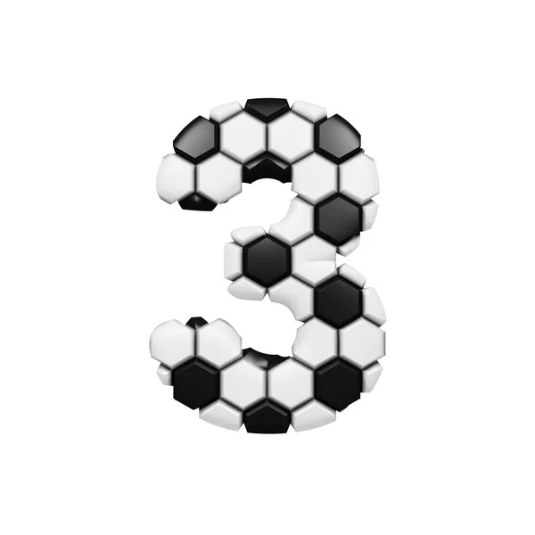 Alfabeto número 3. Soccer fonte feita de textura de futebol. Renderização 3D isolada em fundo branco . — Fotografia de Stock