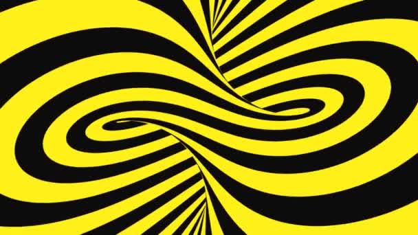 Чорно-жовта психоделічна оптична ілюзія. Абстрактний гіпнотичний анімований фон. Спіральні геометричні циклічні попереджувальні шпалери — стокове відео