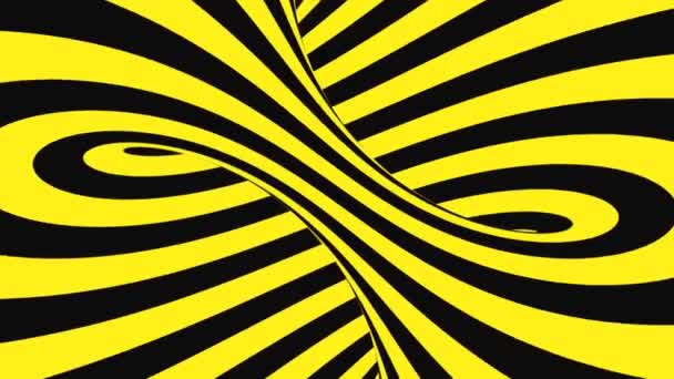 Μαύρη και κίτρινη ψυχεδελική οπτική ψευδαίσθηση. Αφηρημένο υπνωτικό κινούμενο φόντο. Σπειροειδής γεωμετρική προειδοποιητική ταπετσαρία βρόχου — Αρχείο Βίντεο