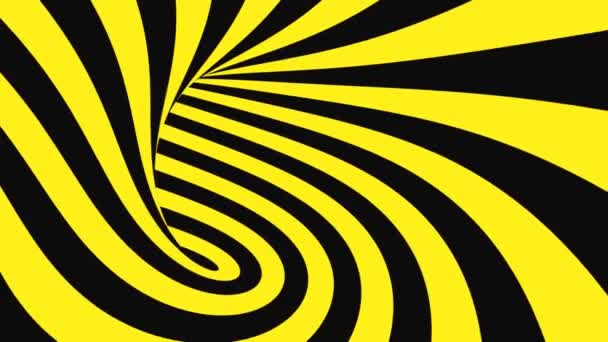 Ilusão óptica psicadélica preta e amarela. Abstrato hipnótico fundo animado. Espiral geométrica looping advertência papel de parede — Vídeo de Stock