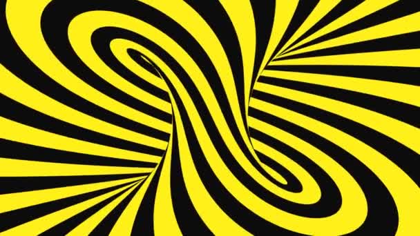 Zwarte en gele psychedelische optische illusie. Abstracte hypnotische geanimeerde achtergrond. Spiraal geometrische looping waarschuwing wallpaper — Stockvideo