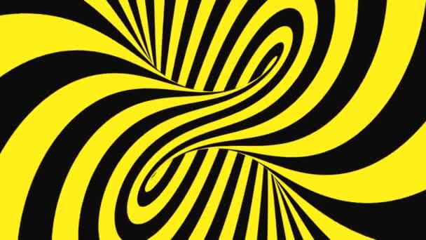 Zwarte en gele psychedelische optische illusie. Abstracte hypnotische geanimeerde achtergrond. Spiraal geometrische looping waarschuwing wallpaper — Stockvideo