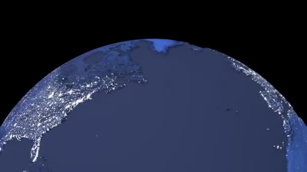 Nuit réaliste tournant planète Terre isolé sur fond noir. Filature sombre 3d globe de terre sans couture boucle animation . — Video