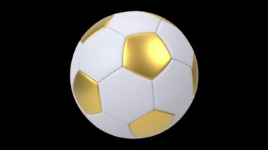 Siyah arka planda izole edilmiş gerçekçi altın ve beyaz futbol topu. 3d döngü canlandırması.