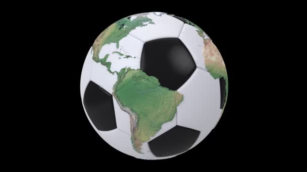Реалистичный футбольный мяч изолирован на черном экране. 3d плавный цикл анимации. Подробная карта мира по черно-белому футбольному мячу . — стоковое видео