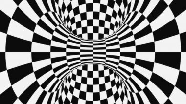 Siyah ve beyaz psychedelic optik yanılsama. Soyut hipnotik animasyonlu arka plan. Damalı geometrik döngü duvar kağıdı