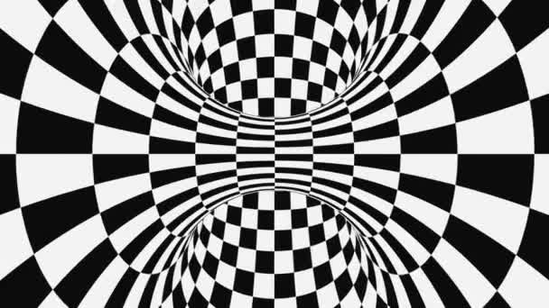 Illusione ottica psichedelica in bianco e nero. Astratto sfondo ipnotico animato. carta da parati loop geometrico a scacchi — Video Stock